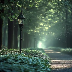 A solitary lamppost stands beside a tranquil forest path