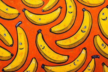 Playful Banana Burst on a Vibrant Orange Canvas: A Whimsical Cartoon Delight for Eye-Catching Appeal