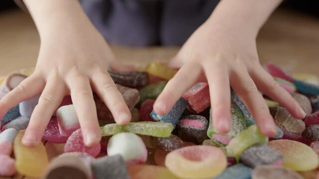 Close-up focus on childs two hands grabbbing assorted sugary candies, gluttony