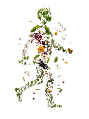 Obraz premium Human figure made from vegetables, fruits, and herbs PNG file