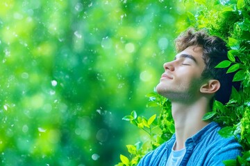 A person in a forest surrounded by natural sounds, eyes closed and fully immersed in auditory awareness of birds singing, leaves rustling, and streams flowing. Generative AI