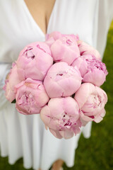 Wedding bouquet of peonies. Wedding and celebration concept.