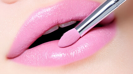 Obraz premium Close-up of a brush applying pink lipstick on full lips