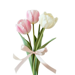 Fototapeta premium Colorful tulips in a bouquet tied with a ribbon for spring celebrations and special occasions