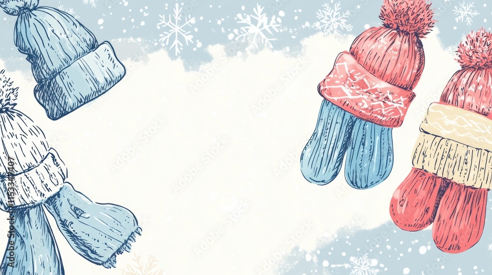 Poster winter themed doodle featuring colorful scarves and hats on a light blue background with subtle snow