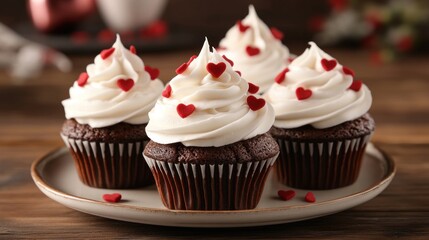 Four chocolate cupcakes with vanilla frosting and red heart sprinkles on a plate.