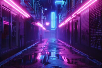 Neon city street reflecting in puddles at night during rain