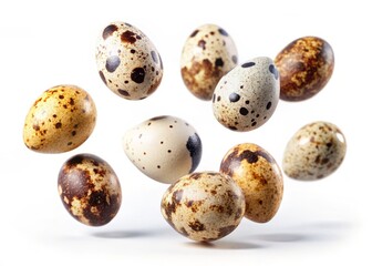 Obraz premium Quail Eggs Action Shot: Isolated White Background Clipping Path - High-Resolution Food Photography