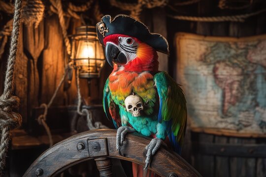 Colorful parrot wearing pirate hat and skull necklace perched on ship wheel