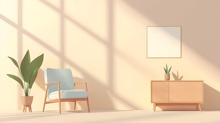 Wooden cabinet with potted plants and a white armchair in a minimalist interior setting