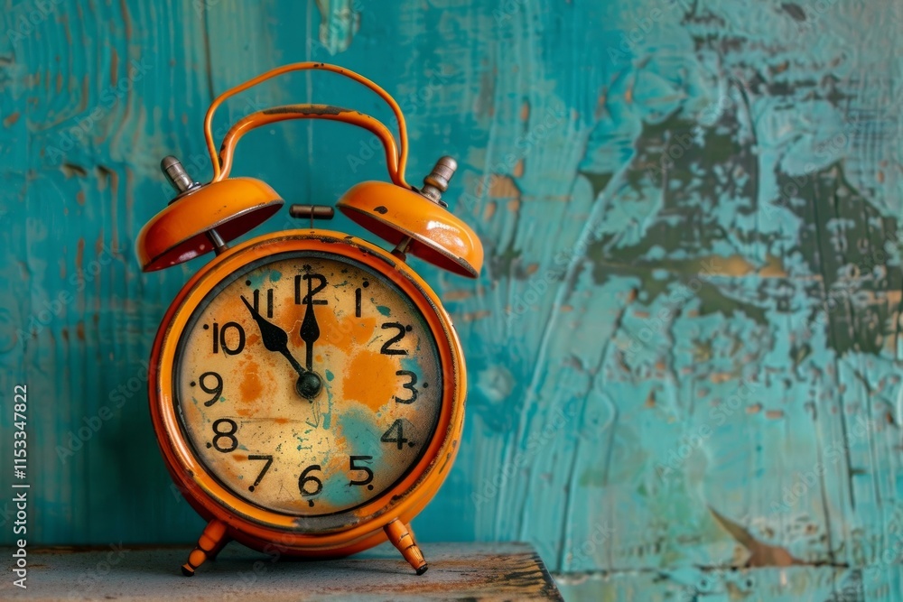 Poster retro orange alarm clock showing almost twelve o'clock, placed on rustic wooden surface with turquoi