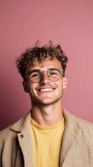 Obraz premium Happy Young Man Smiling Portrait Glasses Casual Fashion Pink Background
