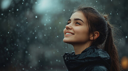 German woman smiling on a rainy day watching the raindrops fall