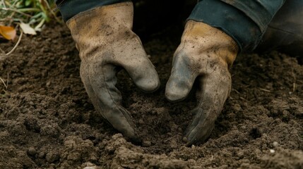 Gloved hands gently hold dark rich soil