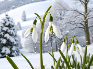 A serene winter landscape with snowdrops blooming in the snow, symbolizing hope and renewal. Perfect for nature and seasonal themes. Generative AI