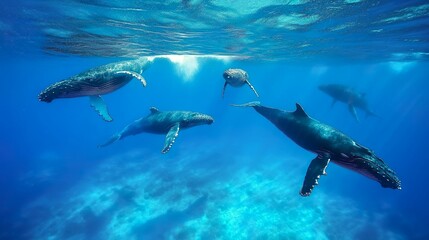 Obraz premium Aerial view of Humpback Whales swimming in the Coral Sea, Frenchmans Bay, Queensland, Australia.