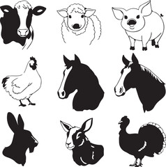 Silhouette Farm Animal Heads in Detailed Vector Art