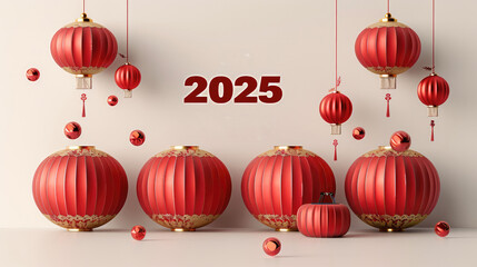 "2025" 3D rendering, with the word "2025" in ancient Chinese red lanterns, and a row of small words "Happy New Year" below, white background, minimalist, simple design.