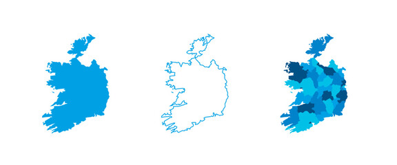 Ireland set of three maps - solid map, outline map and map highlighting administrative divisions. Three distinct maps illustrate various representations of a geographical area.