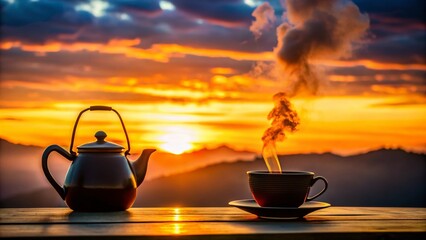 Silhouette of Kettle and Teacup at Sunset - Cozy Autumn Evening Drink
