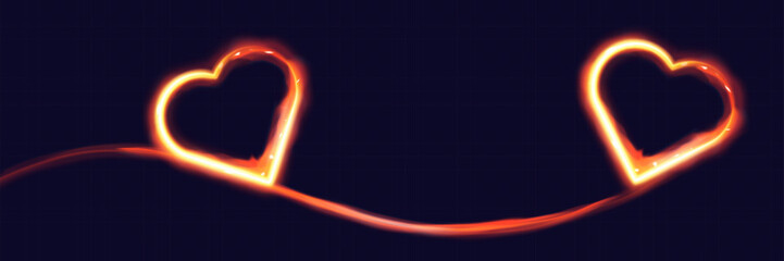 Glowing hearts connected by a bright light trail on a dark background.