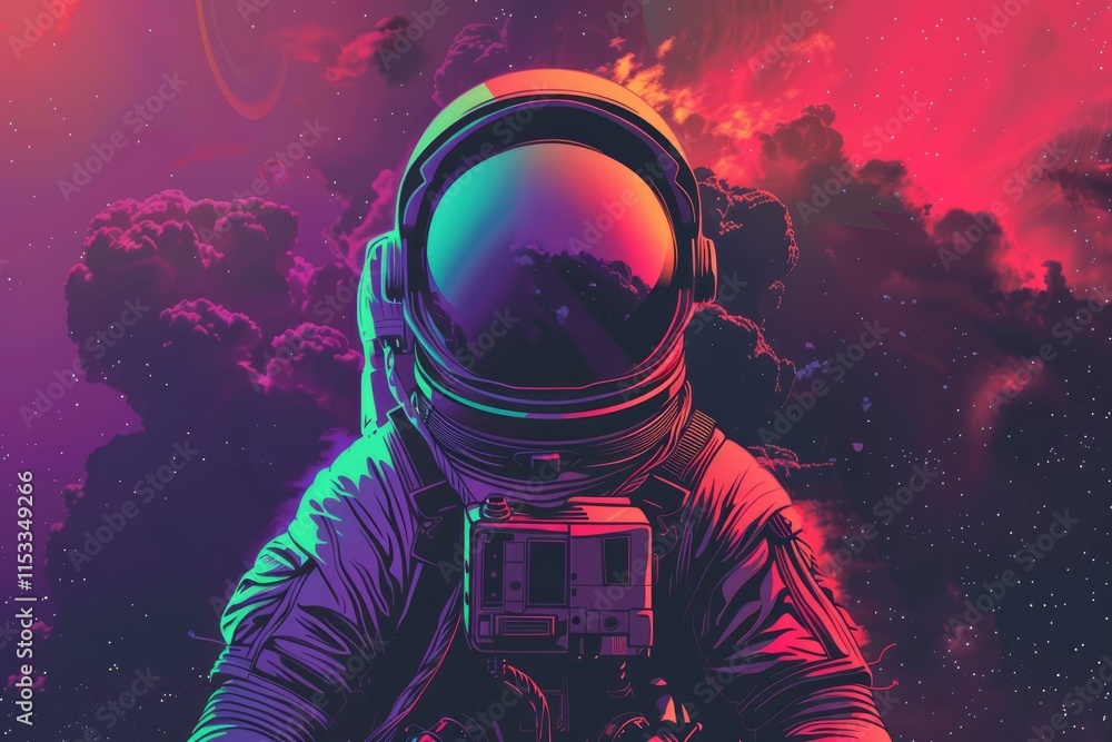 Poster astronaut wearing a spacesuit and holding a camera explores a colorful nebula in deep space