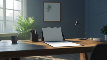 Modern minimalist office workspace with desk calendar and sunlight.