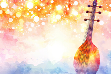 Colorful watercolor of string instrument with vibrant patterns isolated design on white background