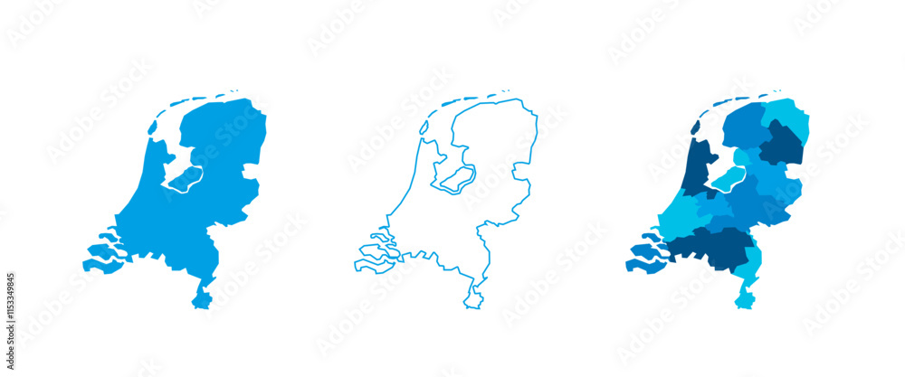 Poster netherlands set of three maps - solid map, outline map and map highlighting administrative divisions