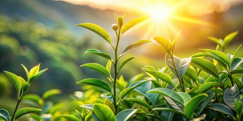 Obraz premium Fresh tea buds on a tree branch in sunlight, botanicals, foliage, botanicals, foliage, green tea, plants, nature, tree