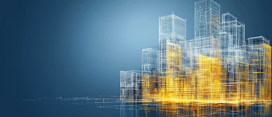 Obraz premium Futuristic Cityscape Glowing Wireframe Buildings Architectural Design Modern Technology