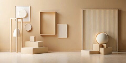 Minimalist geometric shapes on warm beige wall background