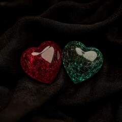 Fototapeta premium Romantic Red and Green Glass Hearts on Black Fabric
