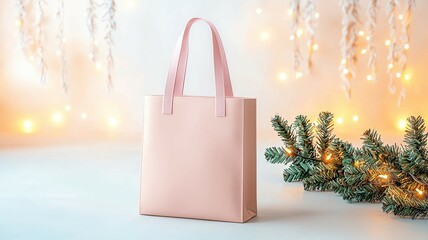 Pink Christmas tote bag with holiday lights and pine for festive pink Christmas tote bag display and gift-ready pink Christmas tote bag ,festive pink tote mockup ,holiday gift bag flatlay