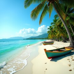 Naklejka premium Stunning Jamaika beach under clear skies with calm waters and vibrant greenery 