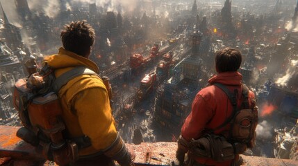 Two figures overlooking a dystopian city.