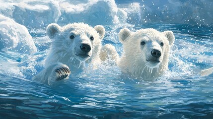 Two Polar Bear Cubs Frolicking in Arctic Waters