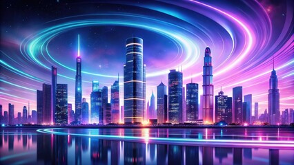 Obraz premium Futuristic cityscape at dusk with neon lights and towering skyscrapers, set against a swirling vortex of purple and blue abstract background , skyscrapers, abstract background