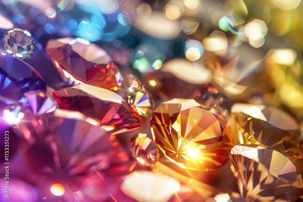 Poster close up view of colorful diamonds sparkling with light and bokeh effect, creating a luxurious and g