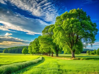 Naklejka premium Rule of Thirds Landscape: Serene Green Field, Majestic Trees, Azure Sky - High-Resolution Nature Photography