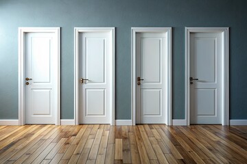 Fototapeta premium Abstract 3D render: Grey walls, white doors, wooden floor create a surreal minimalist space.