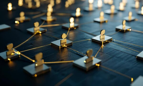 A digital representation of a network with interconnected nodes symbolizing communication and collaboration. The nodes are illuminated, creating a visually striking effect against a dark background.