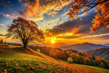 Fototapeta premium Silhouette of Trees on Hilltop, Autumn Leaves Falling, Golden Hour Landscape
