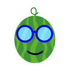 Cute watermelon cartoon style face with blue rounded shape trendy glasses illustration. Vector illustration fruit watermelon with a smiling expression in summer sunglass. Fruit summer clip art mascot