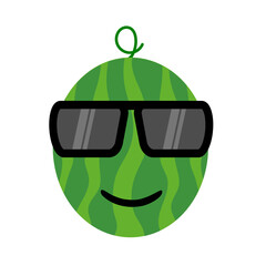 Cute watermelon cartoon style face with black trendy glasses illustration. Vector illustration fruit watermelon with a smiling expression in summer sunglass. Fruit summer clip art mascot