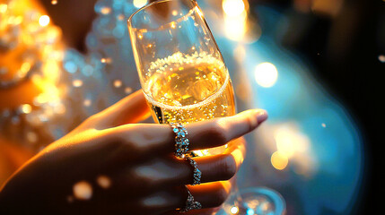 A GLASS OF SPARKLING CHAMPAGNE IN A BEAUTIFUL LADIES HAND WITH A GOLDEN BRACELET