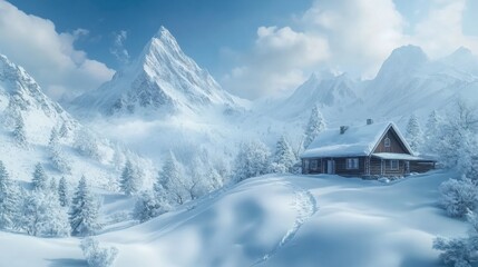 Serene winter cabin nestled in snowy mountains.