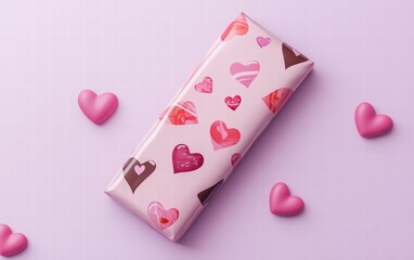 Fototapeta na wymiar A beautifully wrapped chocolate bar with a valentines day design, on a pastel purple background