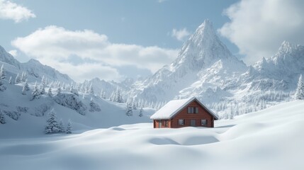 Serene winter cabin nestled in snowy mountain landscape.