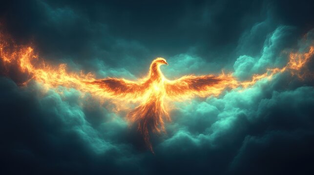 Fiery phoenix rising from teal clouds.